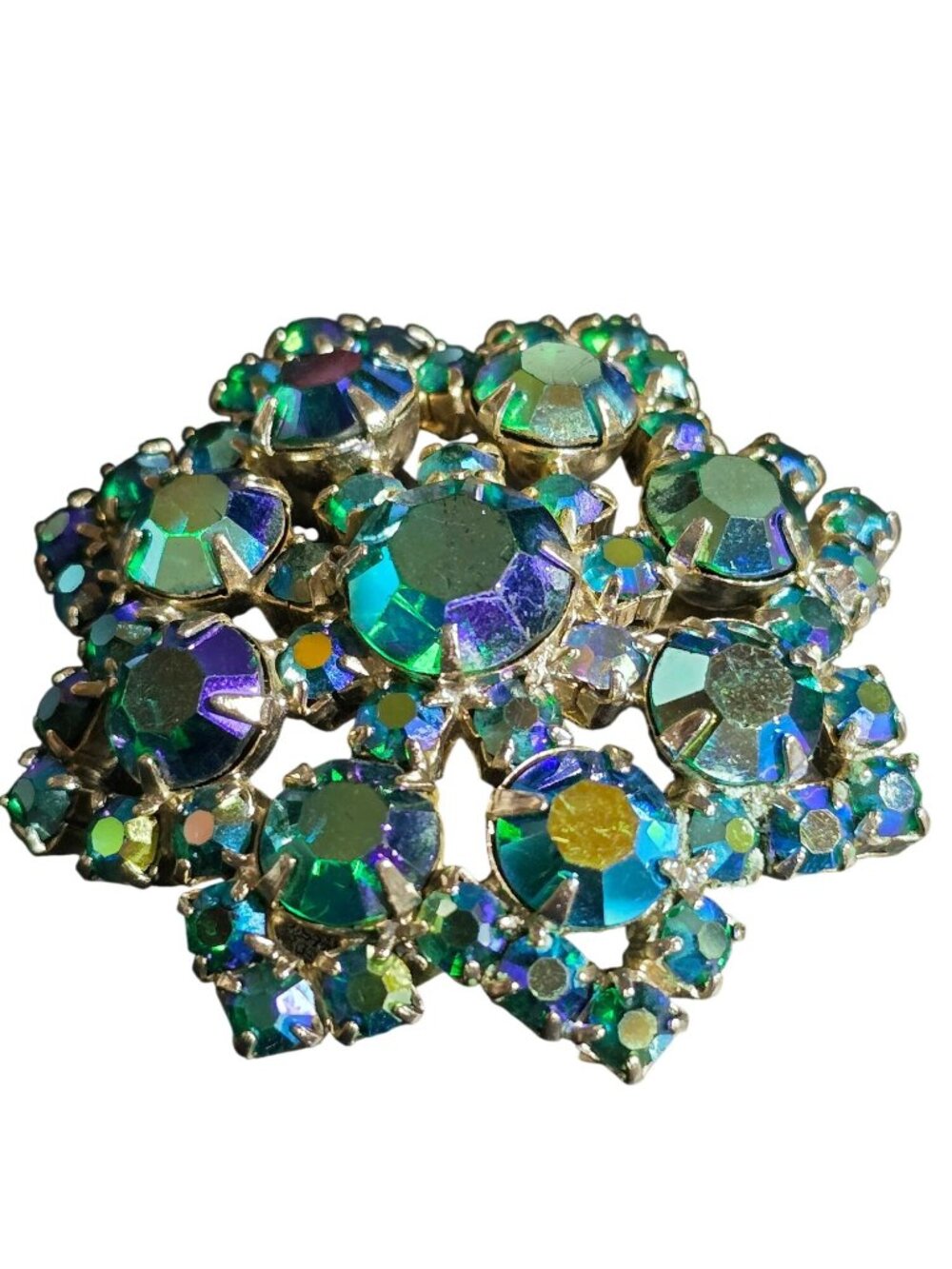 Vintage 1950s Silvertone Clip-ons with Round Cluster of AB Blue Stones Earrings